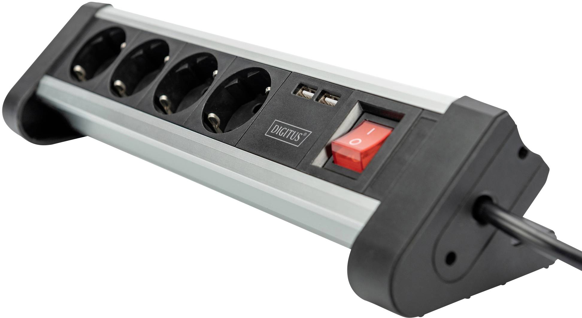 Une multiprise noir et argenté avec quatre prises électriques, deux ports USB et un interrupteur marche/arrêt rouge.
