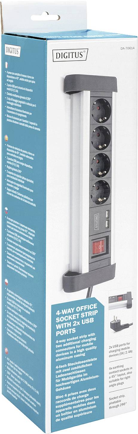Une multiprise avec quatre prises secteur et deux ports USB, idéale pour les bureaux. L'emballage présente la marque et les détails du produit.