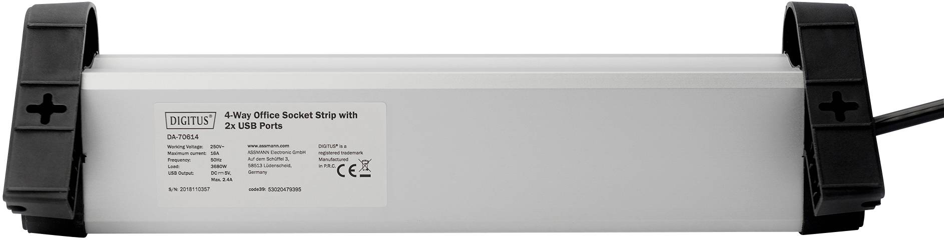 Multiprise 4 prises avec 2 ports USB, couleur argent, étiquetée avec des instructions d'utilisation et des spécifications techniques.