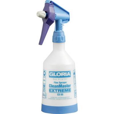 Une bouteille de pulvérisation blanche avec un embout bleu, étiquetée 'GLORIA CleanMaster EXTREME EX 05', adaptée pour les produits de nettoyage.