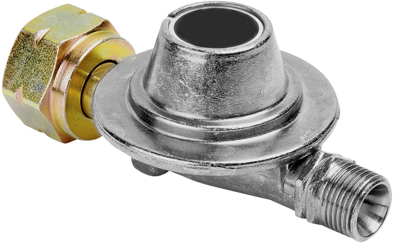 Régulateur de tuyau de gaz avec raccord en laiton et boîtier métallique, utilisé pour réguler le débit de gaz sur les appareils à gaz.