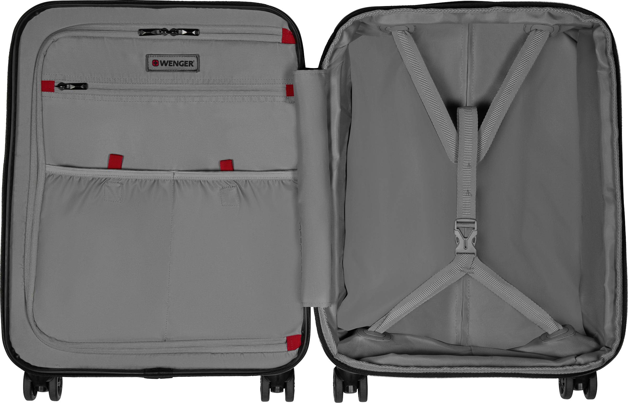 Valise grise ouverte avec un logo rouge et plusieurs poches sur le côté gauche ; le côté droit comporte des sangles de fixation pour les vêtements.
