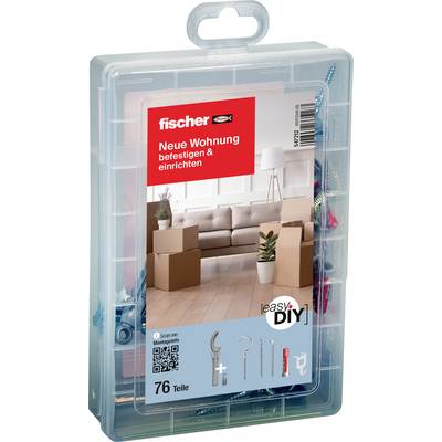 Boîte de rangement en plastique contenant un kit de configuration de maison « easy DIY » de Fischer pour le déménagement, avec les outils et le matériel représentés sur l'emballage.