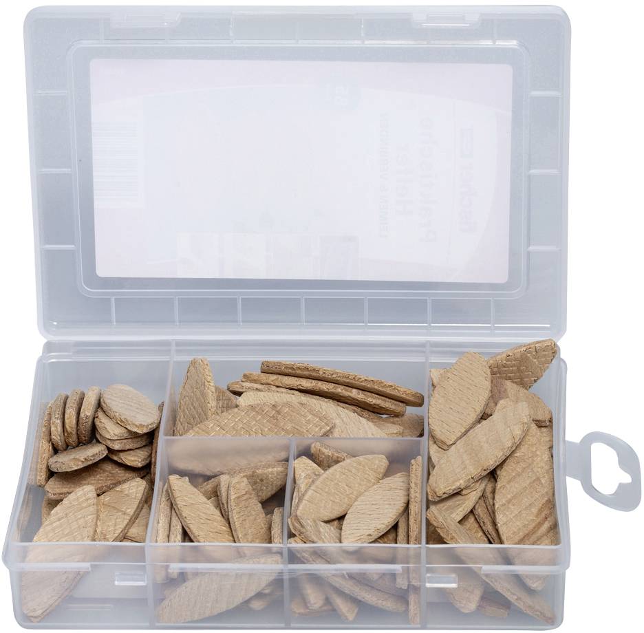 Une boîte en plastique ouverte montrant différentes tailles de chevilles plates en bois dans des compartiments séparés, utilisées pour assembler du bois.