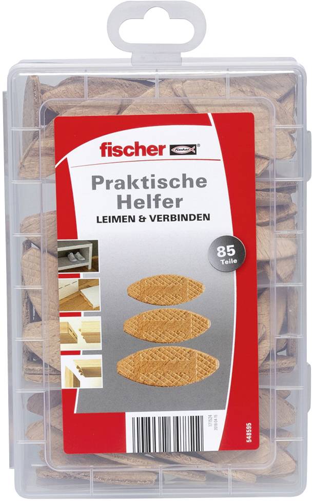 Emballage de 'fischer' avec 85 lamelles en bois. Titre : 'Aides pratiques'. Adapté pour le collage et l'assemblage du bois.