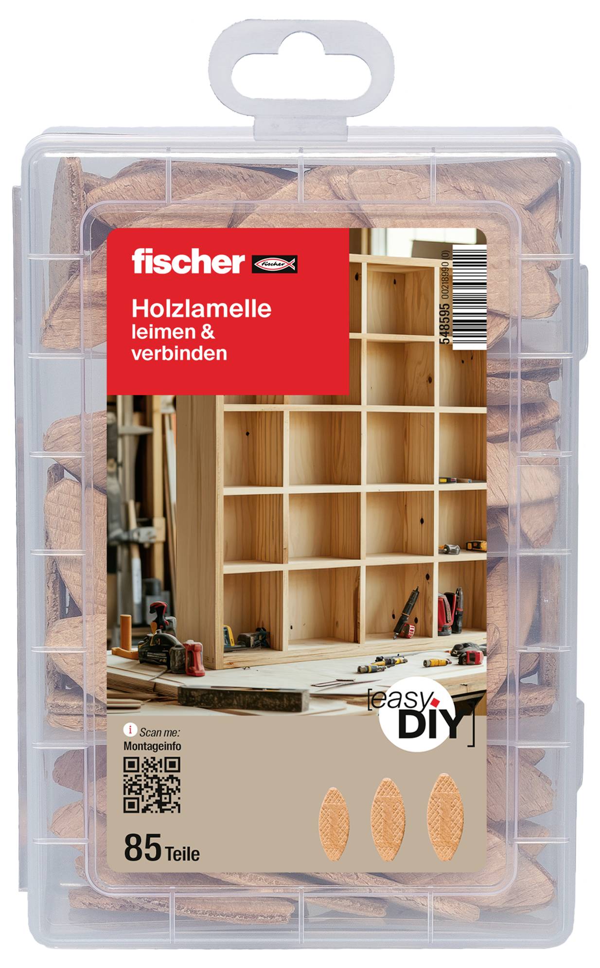 Paquet de chevilles en bois Fischer pour le travail du bois, étiqueté « Holzlamelle heim & verbinden », 85 pièces, avec boîtier en plastique transparent et image du produit.