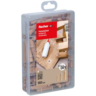 Paquet de chevilles en bois Fischer et colle à bois pour bricolage, étiqueté « 160 Teile » avec des assemblages en bois et un flacon de colle sur le devant