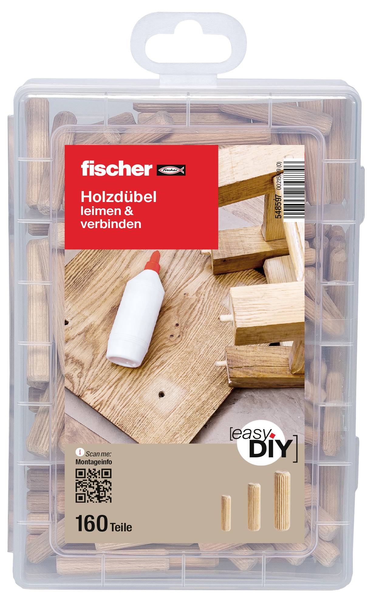 Emballage contenant 160 chevilles en bois et de la colle à bois, adaptée pour assembler des pièces en bois. Idéal pour les projets de bricolage et le montage de meubles.