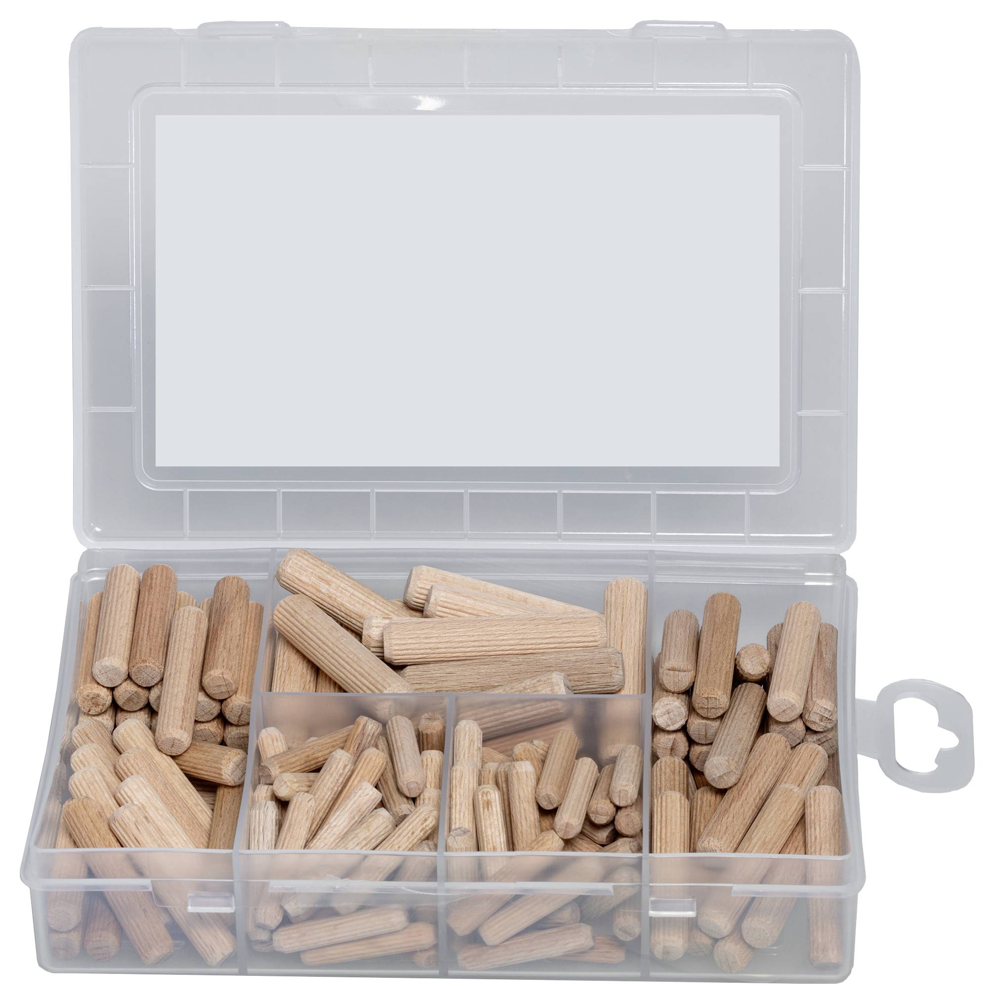 Une boîte en plastique transparente à plusieurs compartiments, remplie de chevilles en bois de différentes tailles. Adaptée pour les assemblages de bois.