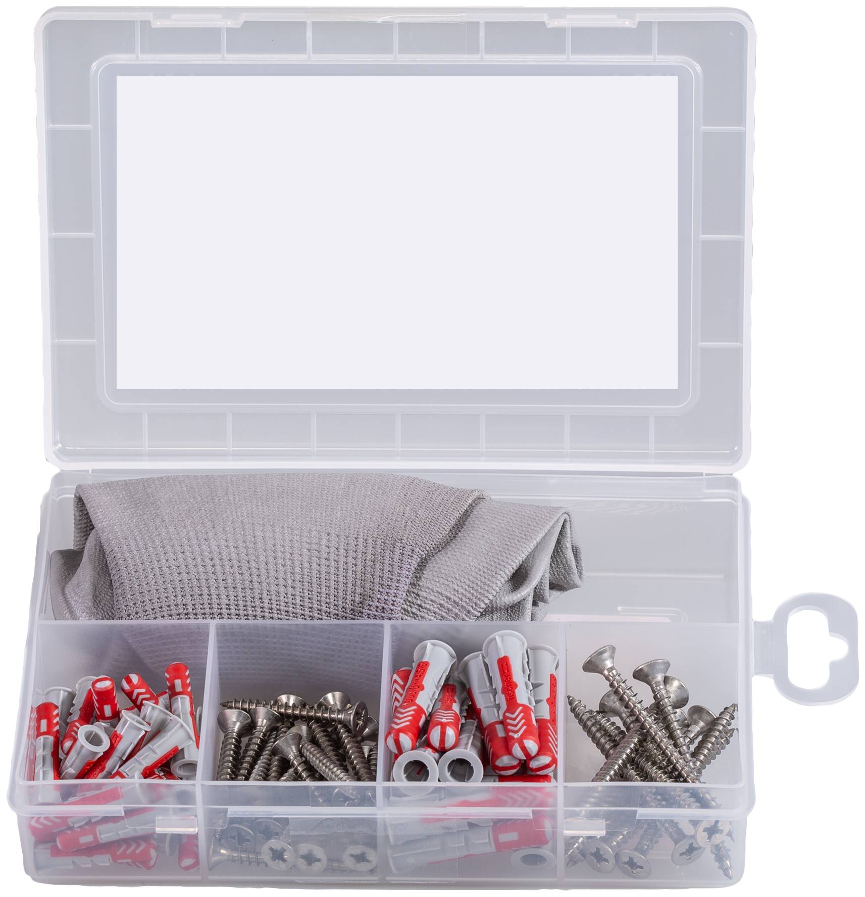 Boîtier organisateur en plastique transparent avec compartiments contenant des prises murales, des vis et un chiffon gris plié