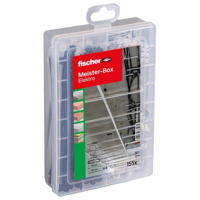 Boîte de rangement en plastique transparent étiquetée « fischer Meister-Box Elektro » contenant un assortiment de pièces d'installation électrique
