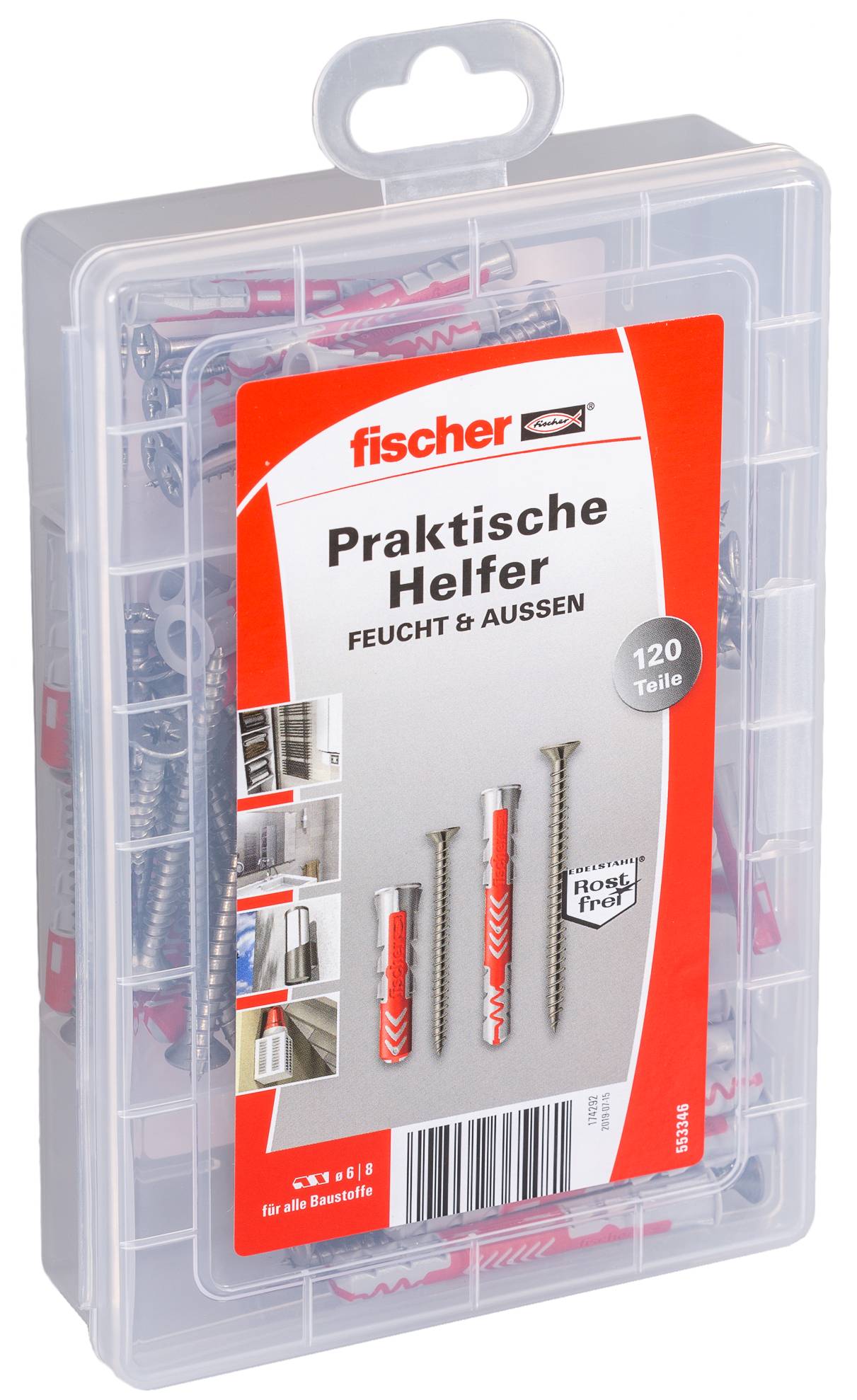 Boîtier organisateur en plastique transparent contenant un ensemble de fixation Fischer 'Praktische Helfer FEUCHT & AUSSEN' de 120 pièces avec vis et chevilles murales.