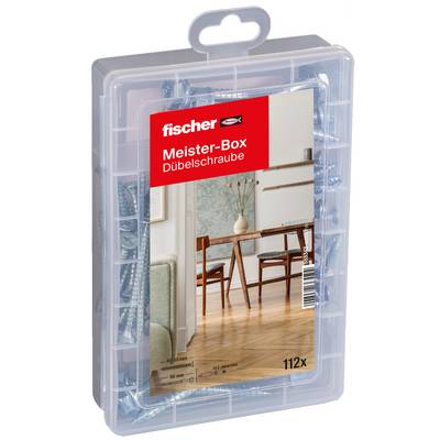 Boîte en plastique transparent de chevilles murales et vis Fischer Meister-Box, étiquetée « Dübelschraube », avec un nombre de 112 pièces et une poignée de suspension.