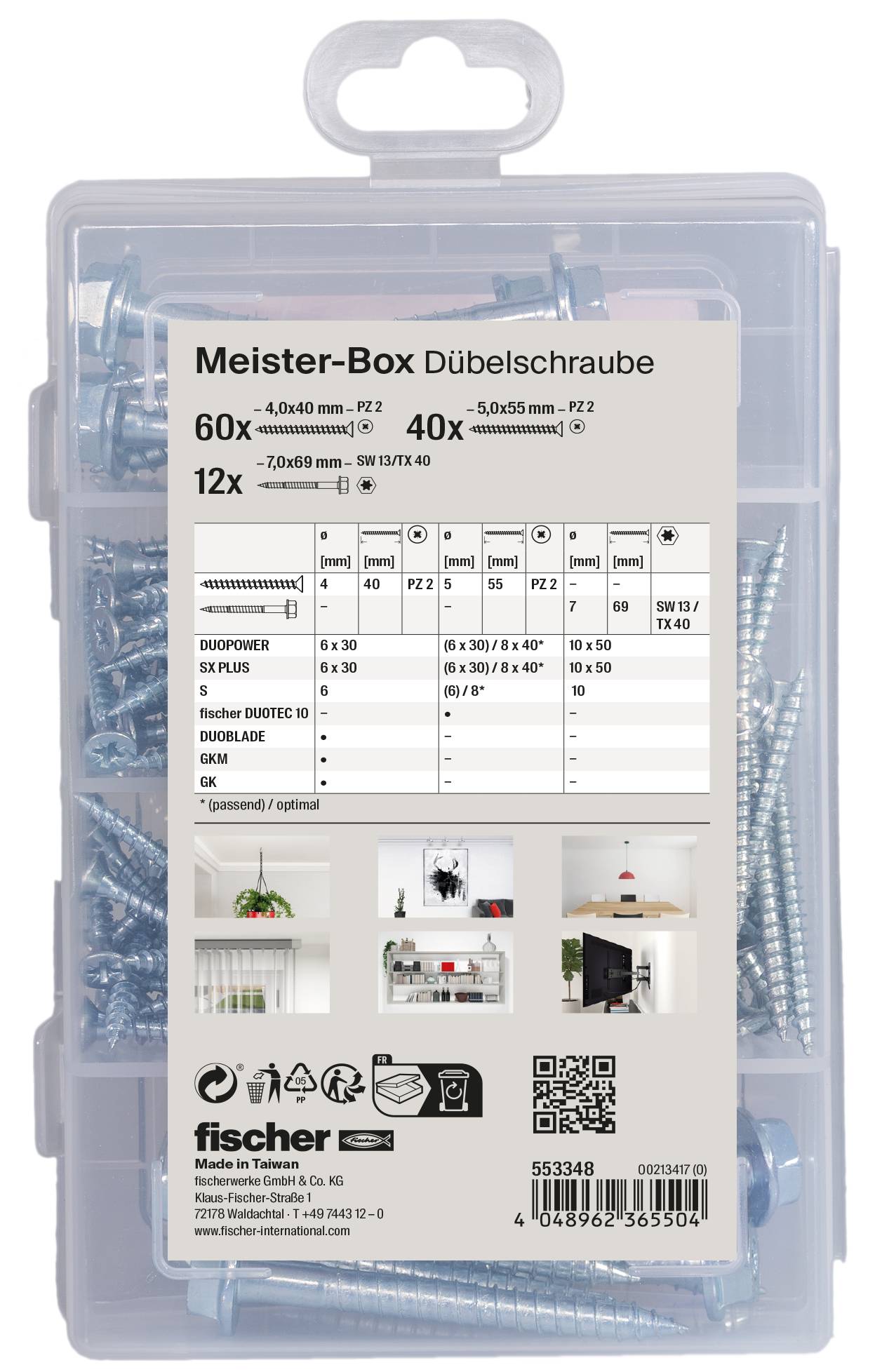 Boîte de rangement en plastique transparent remplie de vis et fixations argentées assorties, étiquetée « Meister-Box Dübelschraube » avec les tailles et quantités indiquées sur le devant.