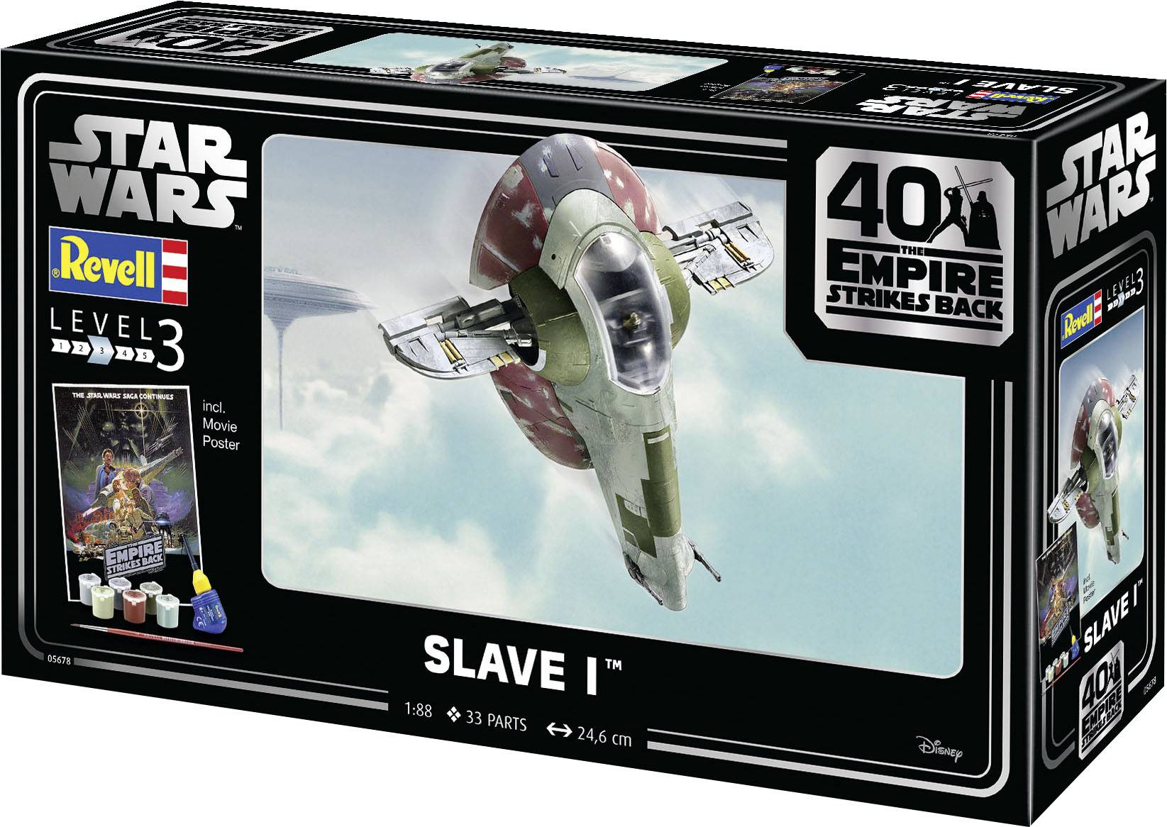 Emballage d'un kit de maquette Star Wars de Revell, montrant le vaisseau spatial 'Slave I' avec des illustrations d'accessoires et des descriptions.