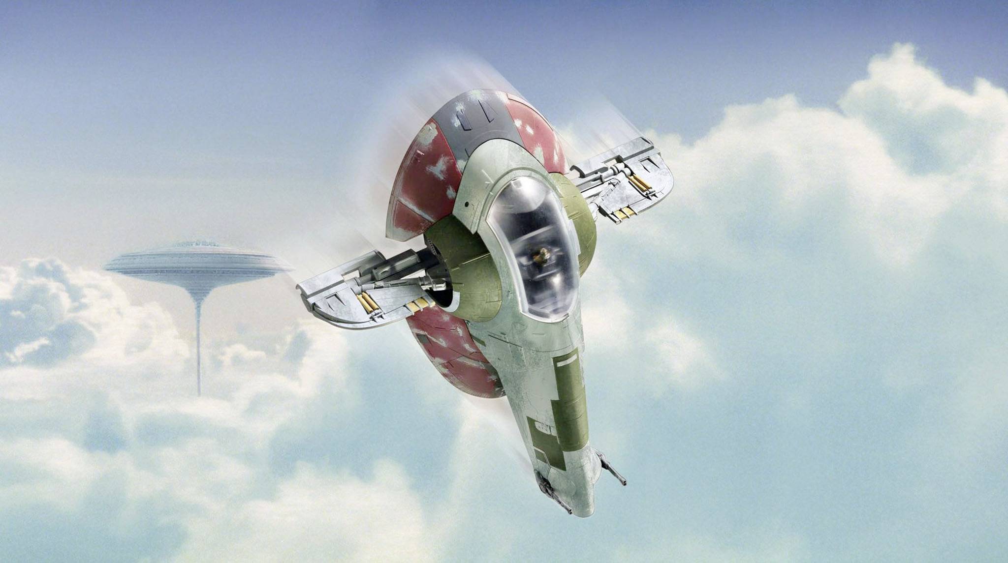 Un vaisseau spatial futuriste survole une couche de nuages. Une plateforme flottante est visible en arrière-plan.