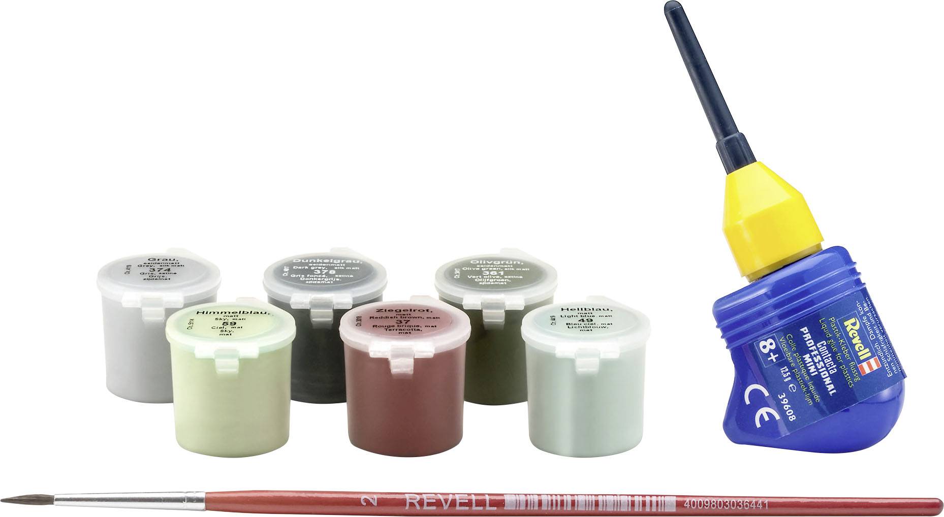 Six petits pots de peinture en gris, vert et rouge sont disposés à côté d'un pinceau. Une bouteille en plastique de colle possède un couvercle jaune et bleu.