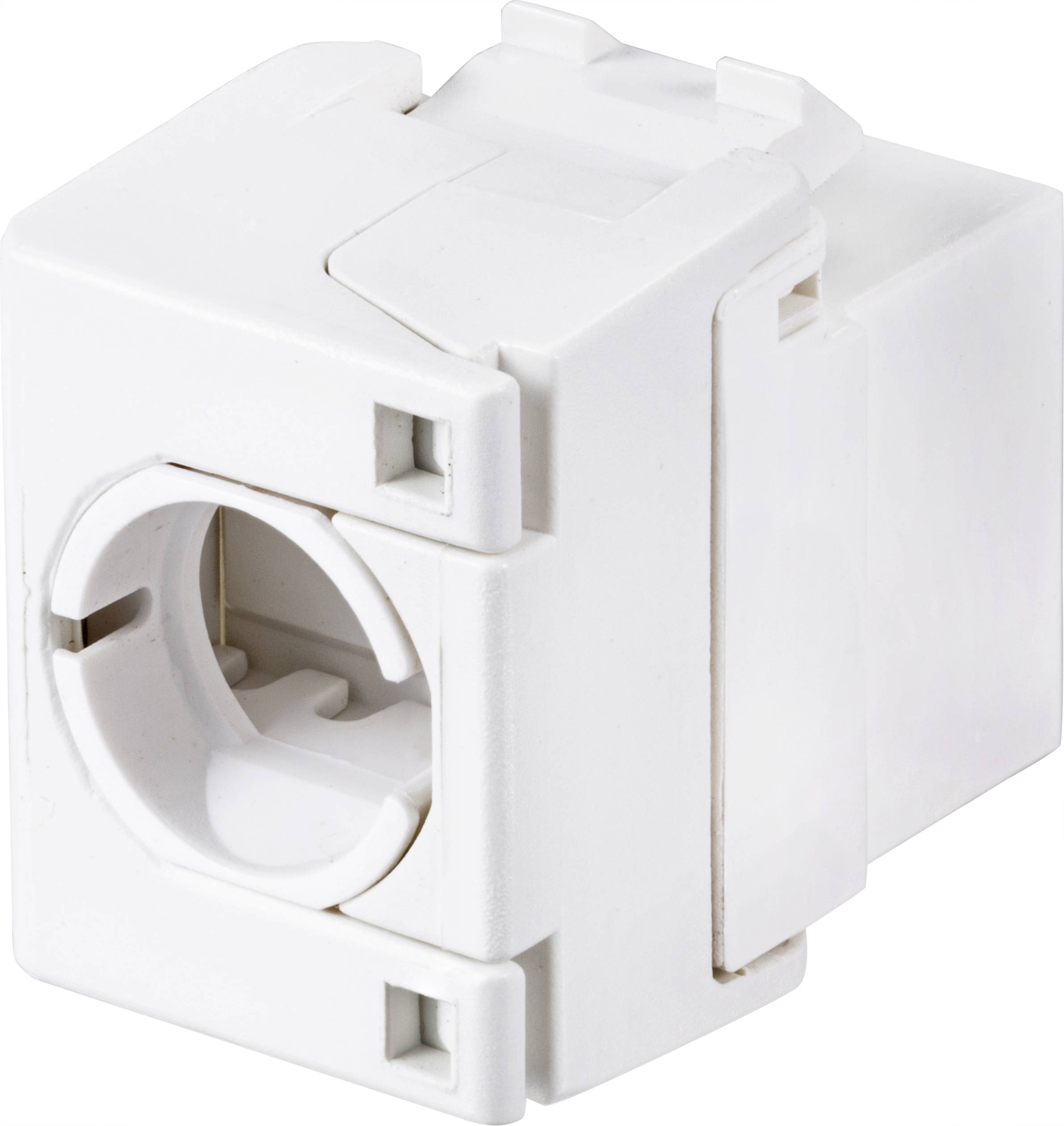 Un module d'enfichage carré blanc avec une ouverture ronde, adapté aux connexions électriques dans un système plus large.