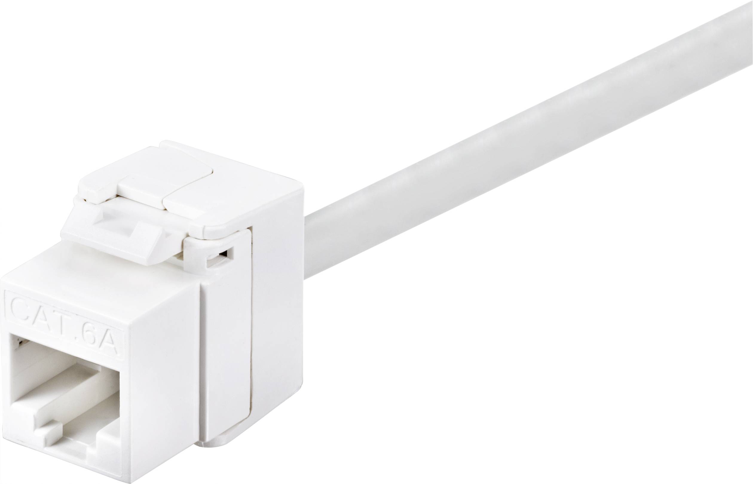 Un connecteur réseau CAT6A blanc avec câble Ethernet, adapté pour les transmissions de données à haute vitesse dans les systèmes informatiques et réseaux.