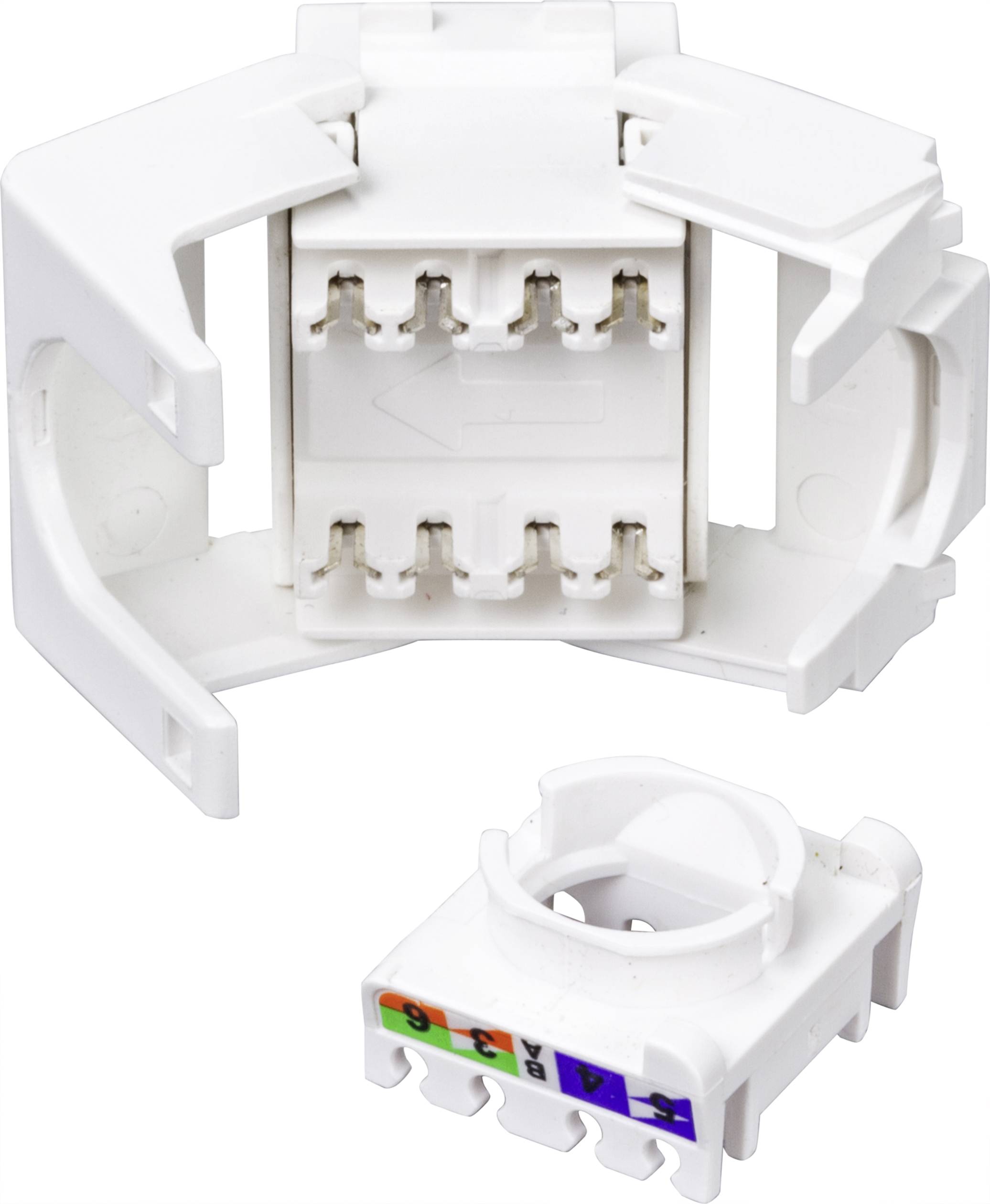 Module Keystone en plastique blanc. En haut : boîtier aux côtés ouverts. En bas : insert avec des connexions de câbles codées par couleur.