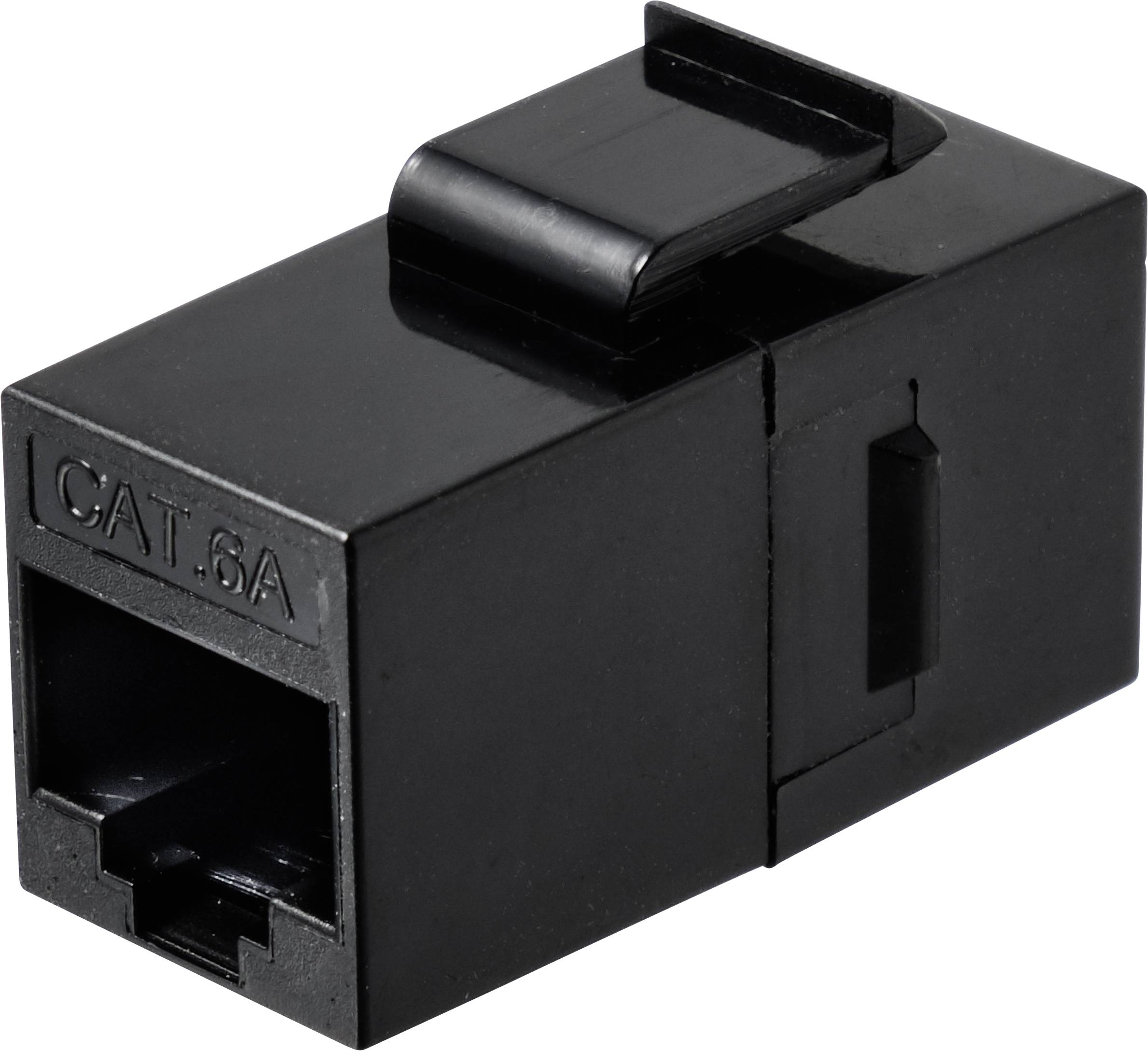 Adaptateur de connecteur réseau CAT.6A noir de forme rectangulaire avec verrouillage à clips, adapté aux connexions Ethernet.