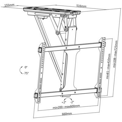'Dessin technique d'un support mural TV réglable. Plage d'inclinaison de 0° à -75°, portée d'extension de 200–600 mm, réglage vertical de 108–275 mm.'