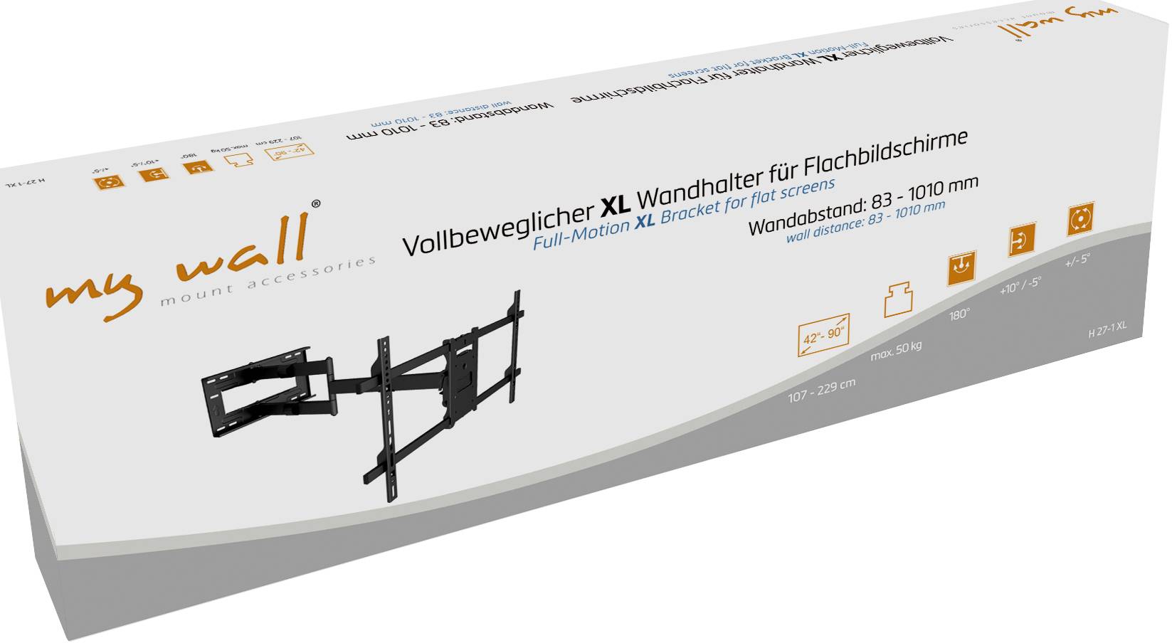 Support mural XL full-motion pour écrans plats, compatible avec écrans de 37 à 70 pouces, distance au mur de 83 à 1010 mm, coloris noir.