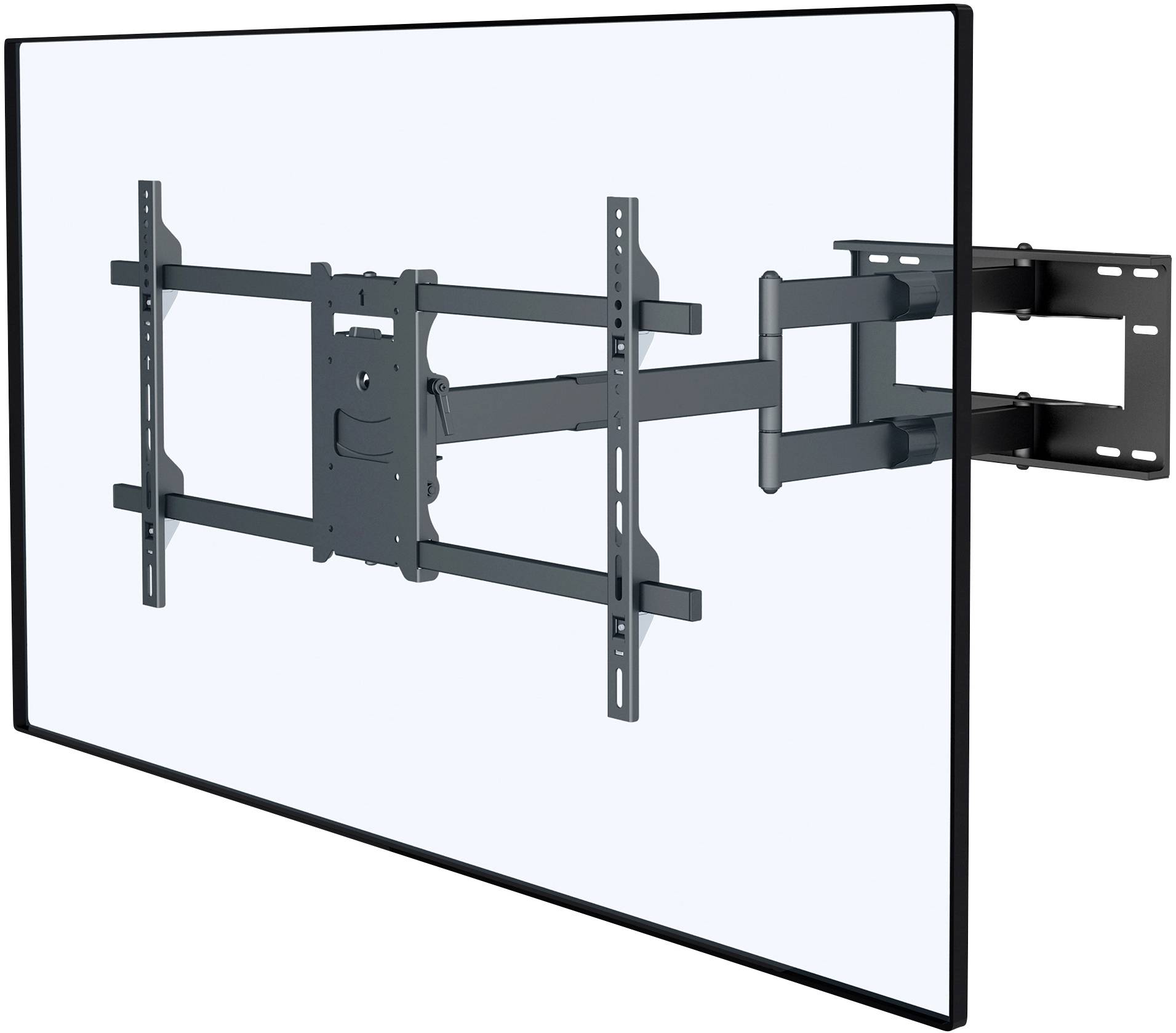 Un support de télévision noir pour montage mural, présenté avec un téléviseur à écran plat installé ; modèle à rotation.