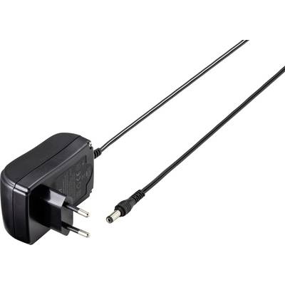 Un bloc d'alimentation noir avec une fiche européenne et un long câble se terminant par un connecteur cylindrique, couramment utilisé pour alimenter divers appareils.