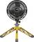 Un ventilateur de table jaune et noir avec un trépied, une grille d'aération en spirale et le nom de la marque au centre.