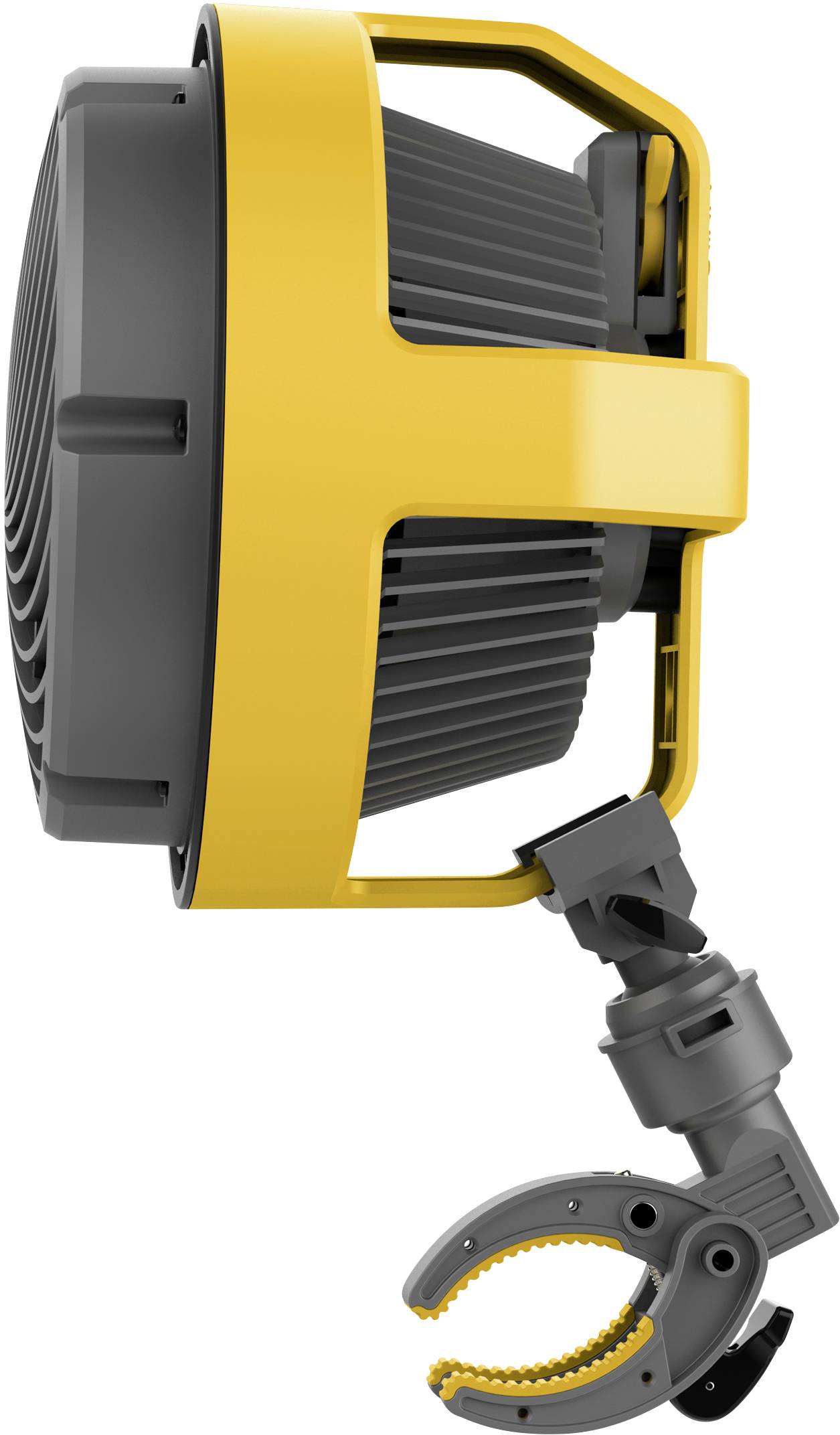 Une lampe jaune et grise avec un support articulé et une pince de préhension qui peut être fixée à différentes surfaces.