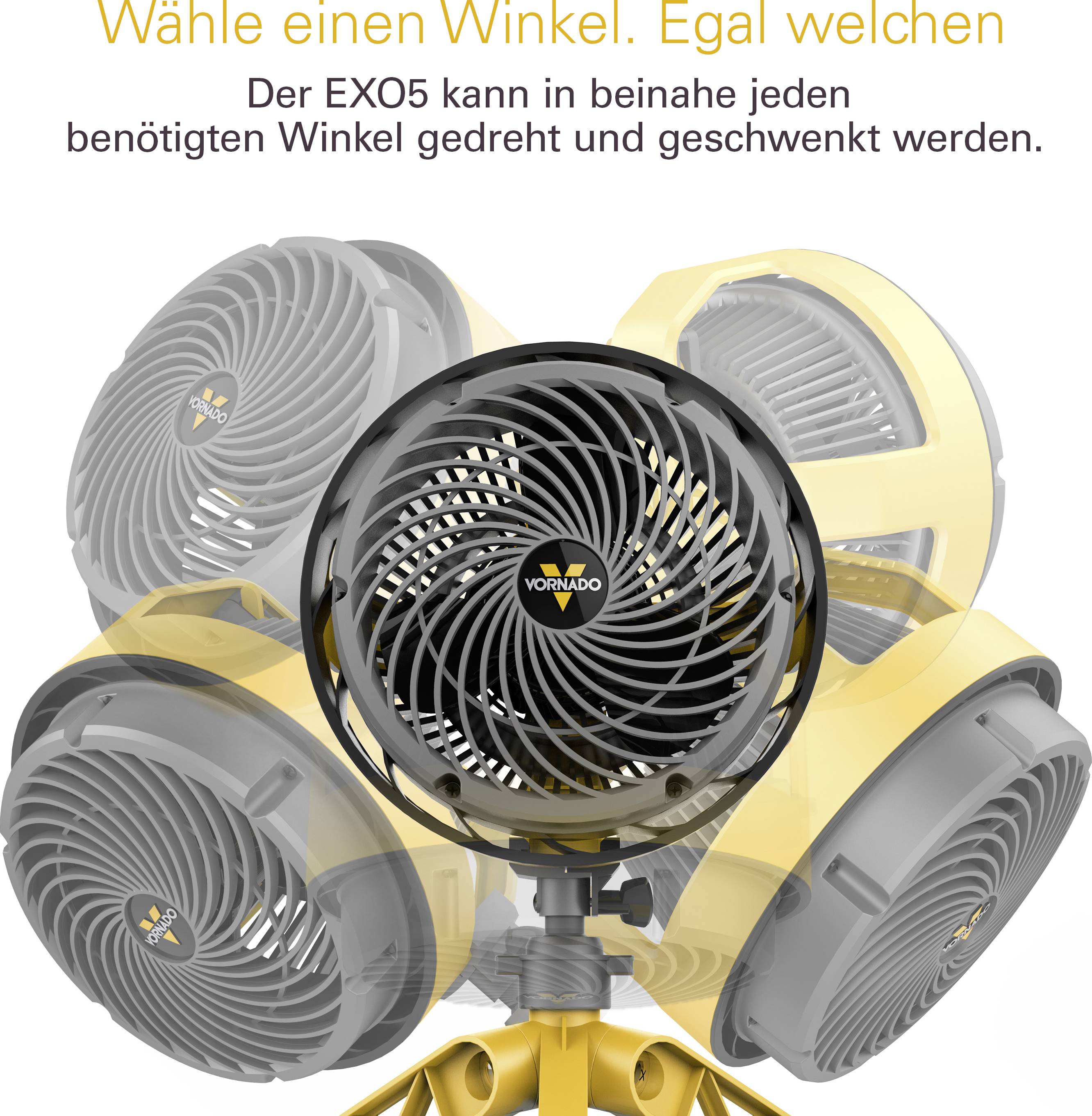 Ventilateur EXO5 sur son support, entouré de plusieurs vues. Texte : 'Choisissez un angle. N'importe lequel.' Orientable avec flexibilité.