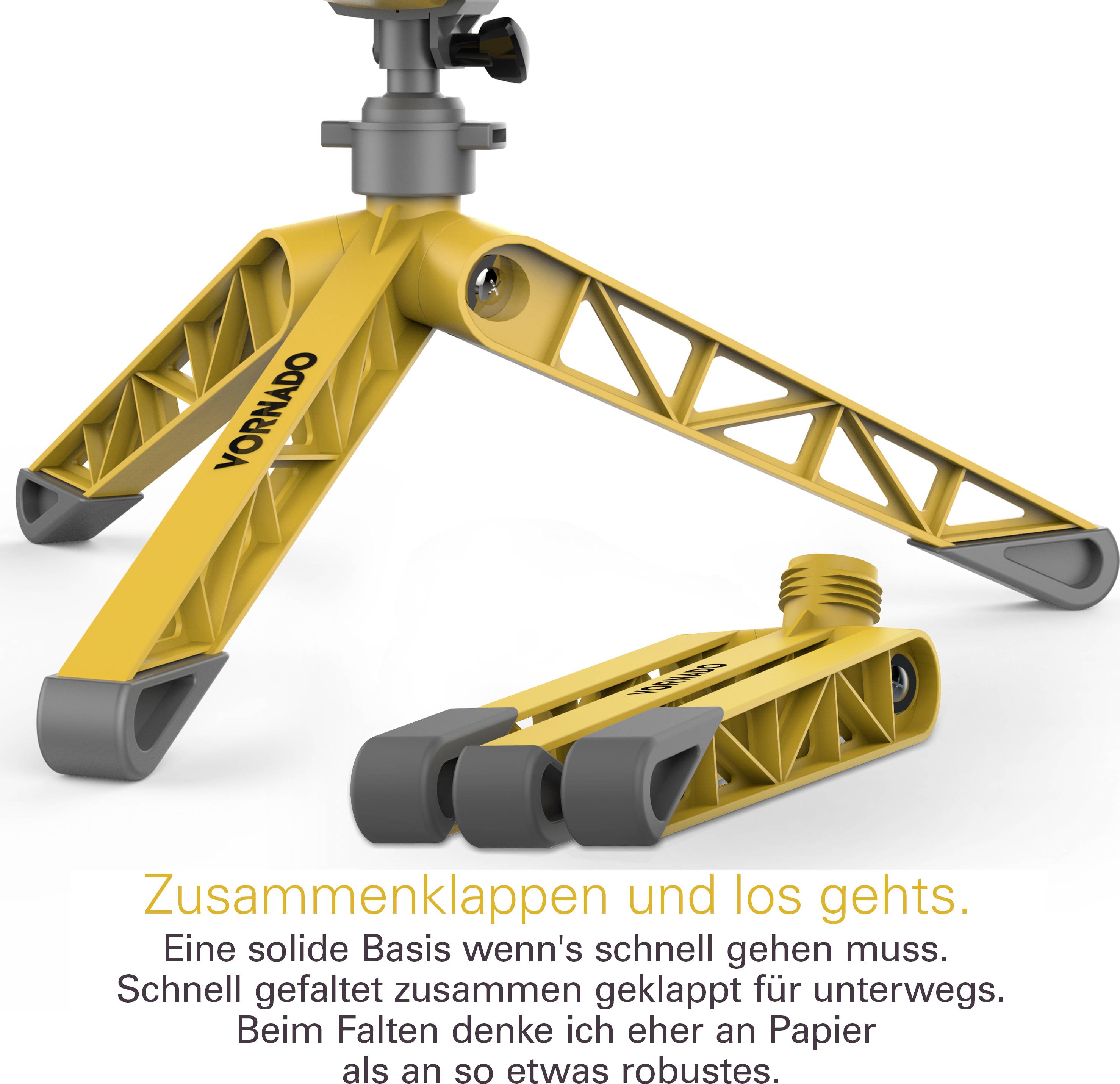 Trépied jaune pliable avec l'inscription 'Vornado'. Texte : 'Pliez et partez. Une base solide quand il faut faire vite.'