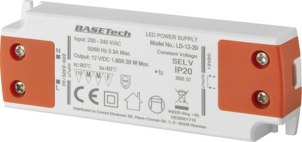 Basetech LD-12-20 Transformateur pour LED  à tension constante 20 W 1.66 A  homologué pour les meubles, surtention, montage sur des surfaces inflammables 1 pc(s)