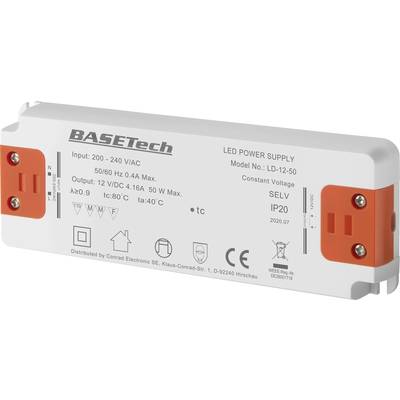 Transformateur pour LED Basetech LD-12-50  à tension constante 50 W 4.16 A  homologué pour les meubles, surtention, mont