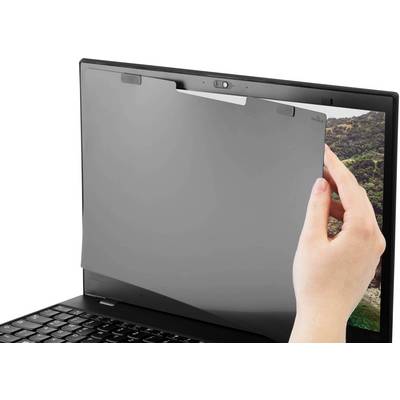 Un écran de confidentialité est placé sur un écran d'ordinateur portable pour réduire les reflets et protéger les informations des regards indiscrets.