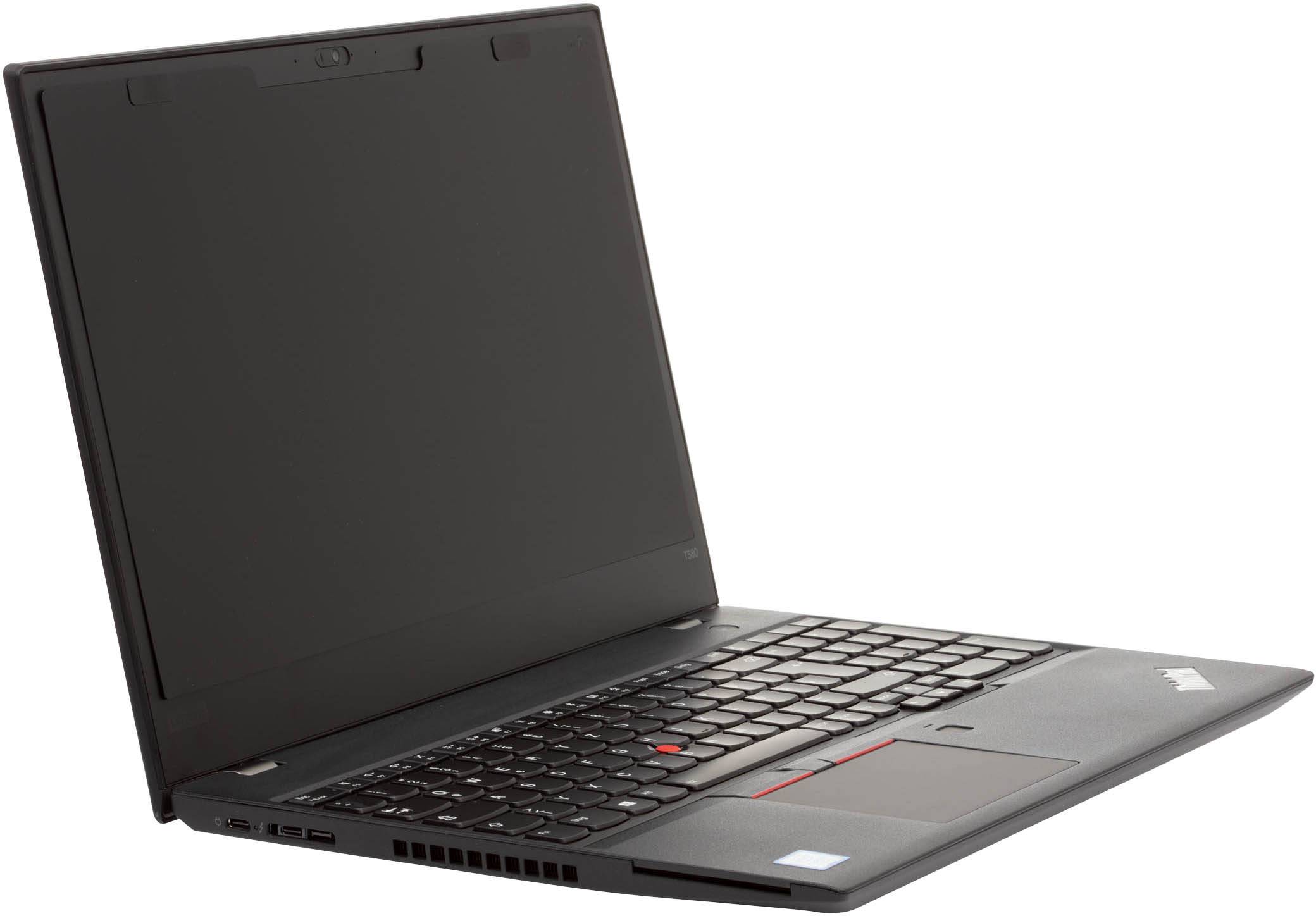 Un ordinateur portable ouvert avec un boîtier noir, un écran mat et un TrackPoint rouge sur le clavier.