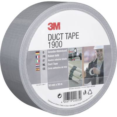 Un rouleau de ruban adhésif 3M Duct Tape 1900, étiqueté 50 mm x 50 m, présenté sur un emballage blanc avec du texte multilingue et des images de produit.