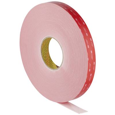 Un rouleau de ruban adhésif double face rouge 3M VHB avec le film de protection retiré sur une extrémité.