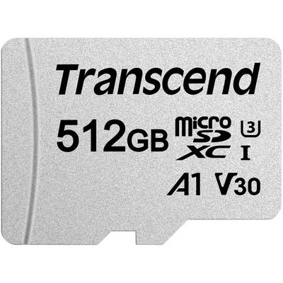 Carte mémoire 'Transcend 512 Go microSDXC I U3 A1 V30', adaptée aux transferts de données rapides et aux médias haute résolution.