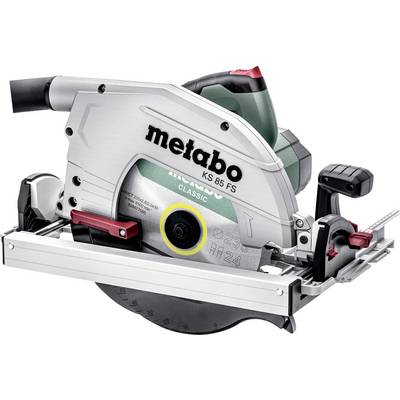 Scie circulaire Metabo KS 85 FS avec rail de guidage et protège-lame, présentée en vue latérale sur fond blanc.