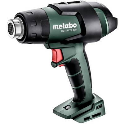 Pistolet thermique sans fil Metabo HG 18 LTX 500 avec un design noir, vert et rouge sur un fond blanc.