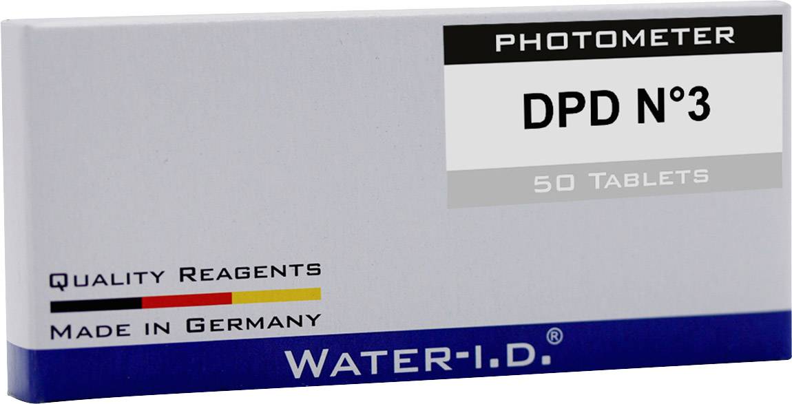 Boîte portant l'inscription 'PHOTOMÈTRE DPD N°3, 50 COMPRIMÉS, RÉACTIFS DE QUALITÉ, FABRIQUÉ EN ALLEMAGNE, WATER-I.D.'.