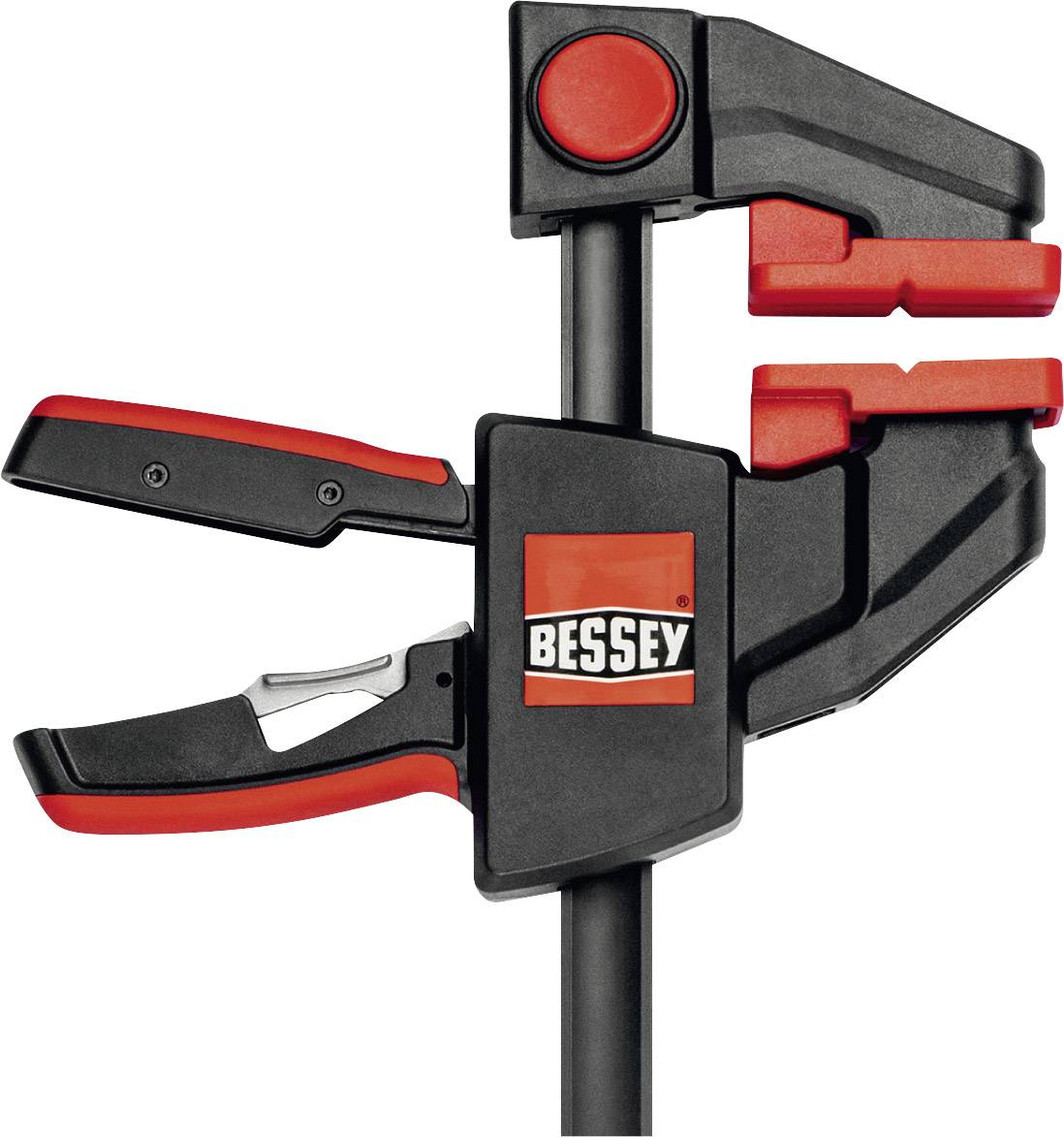 Pince-étau noire et rouge avec logo 'BESSEY', adaptée pour fixer des matériaux.