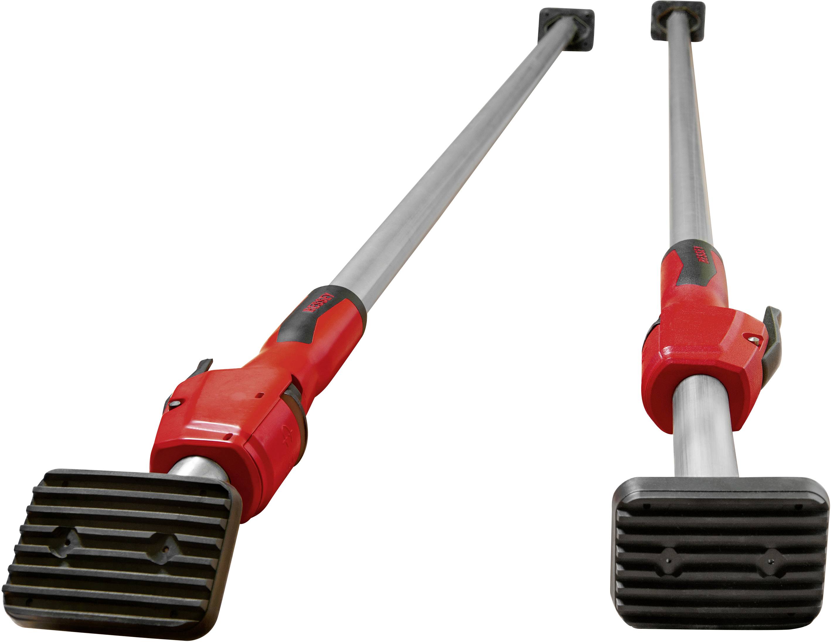 Deux supports télescopiques rouges avec des embouts en caoutchouc noir, adaptés à la stabilisation ou au support de constructions.
