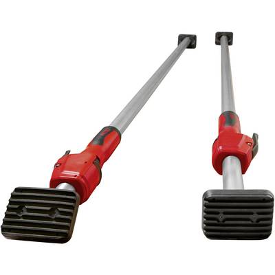 Deux supports télescopiques rouges avec des embouts en caoutchouc noir, adaptés à la stabilisation ou au support de constructions.