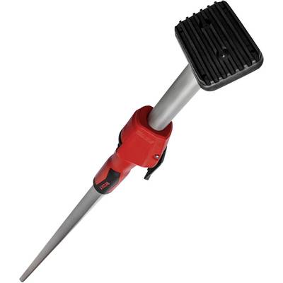 Un support télescopique rouge et noir avec une plaque en caoutchouc antidérapante à son extrémité supérieure, adapté aux travaux de construction ou aux projets de bricolage.