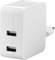 Un chargeur blanc avec deux ports USB et une fiche européenne pour l'alimentation électrique.