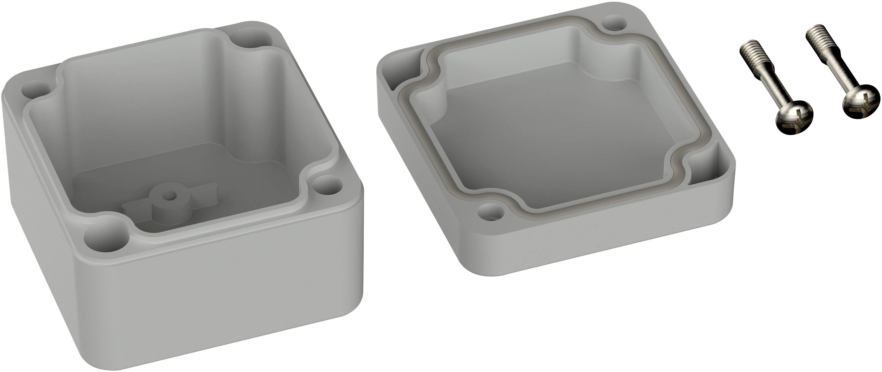 Boîtier en plastique gris en deux parties, de forme rectangulaire. Représenté avec deux vis métalliques dévissées.