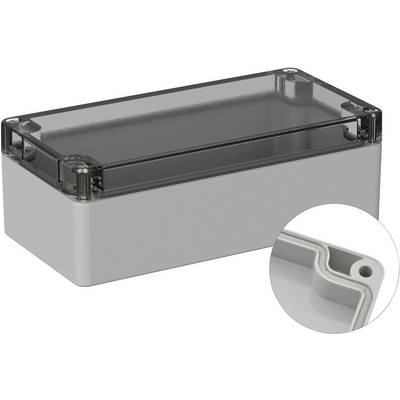 Une boîte en plastique grise rectangulaire avec un couvercle transparent. Un petit encart montre un gros plan de l'angle de la boîte.
